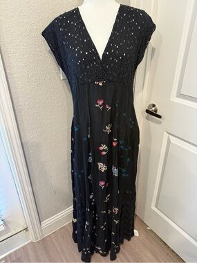 Johnny Was Black Maxi Dress with Multicolor Floral Embroidery Clarabelle